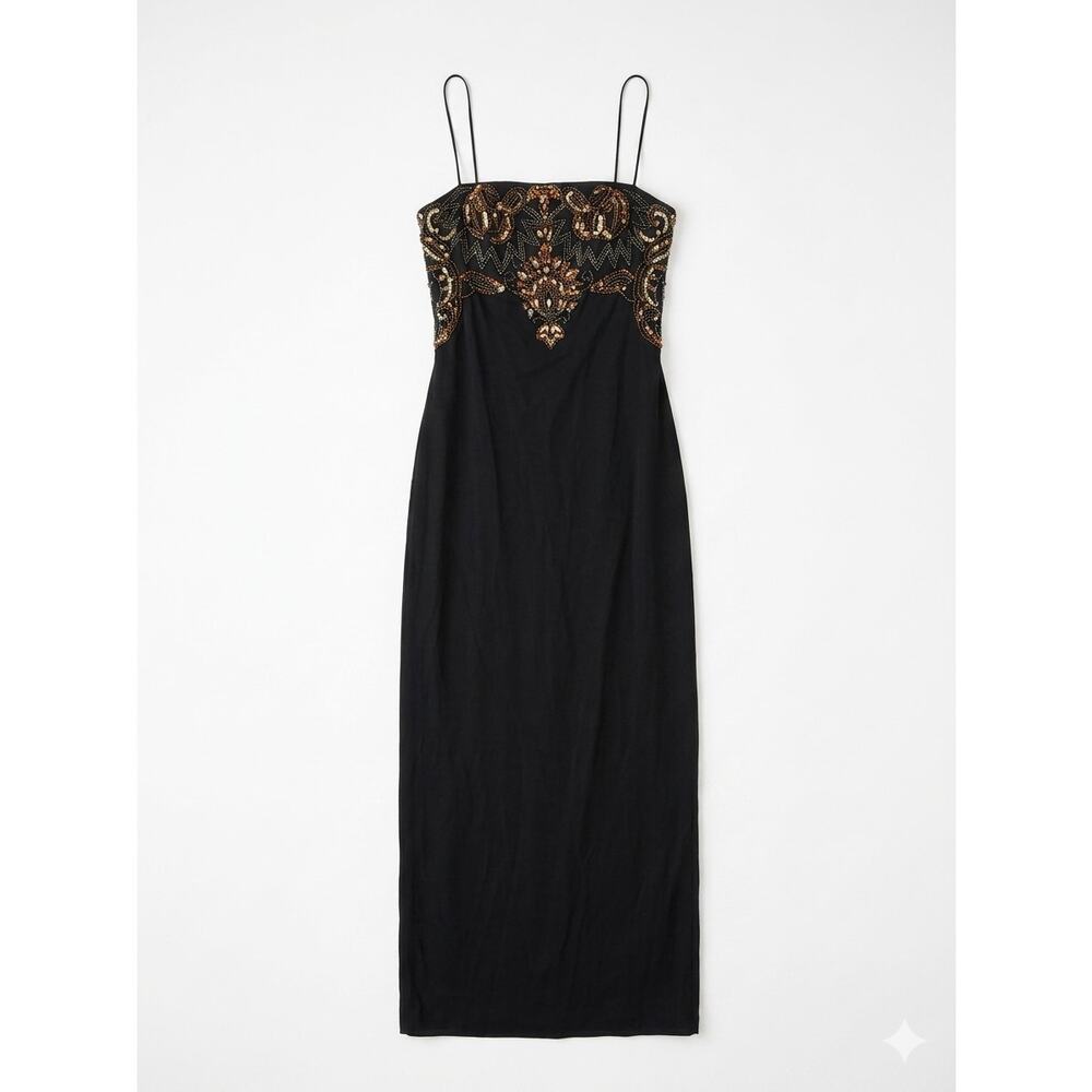 Vintage Y2K JS Boutique 8 Black Maxi Slip Dress Beaded Prom Whimsygoth Glam